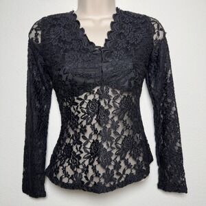 Women Whimsigoth Fairy Grunge Babydoll Top Small Black Sheer Lace Long Sleeve